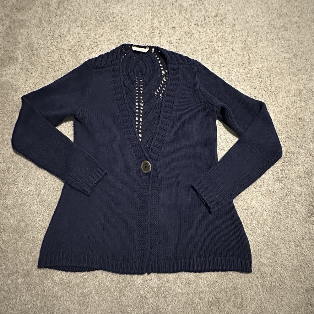 Soft Surroundings Navy Blue Crochet Back Single Button Cardigan Sweater XS 26485